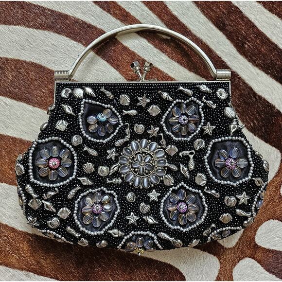 Vintage Sequenced and Beaded Evening Bag Ocean Beach Shells Seahorse Fish - Picture 1 of 8